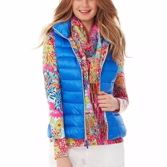 Lily Pulitzer Allie Packable Down Puffer Vest Brewster Blue Gold Zipper Size M - Picture 1 of 12